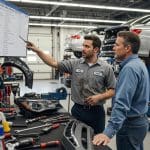 Mechanic explaining collision repair estimate to customer in auto body shop, tools and repair equipment visible.