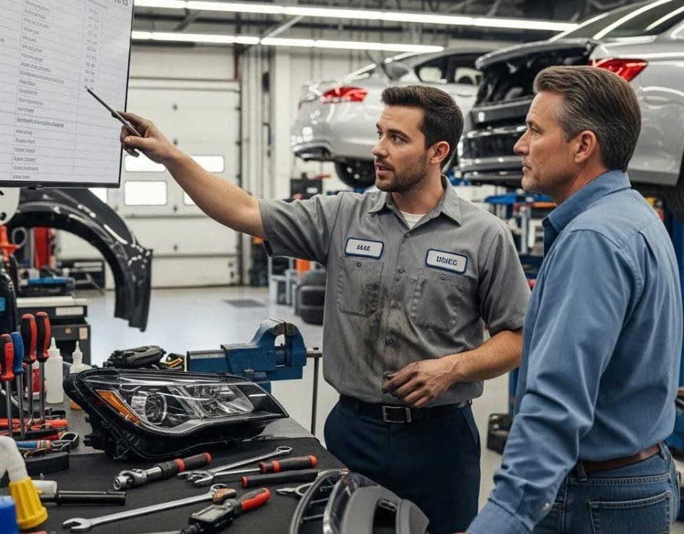 Mechanic explaining a collision repair estimate to a customer in an auto body shop