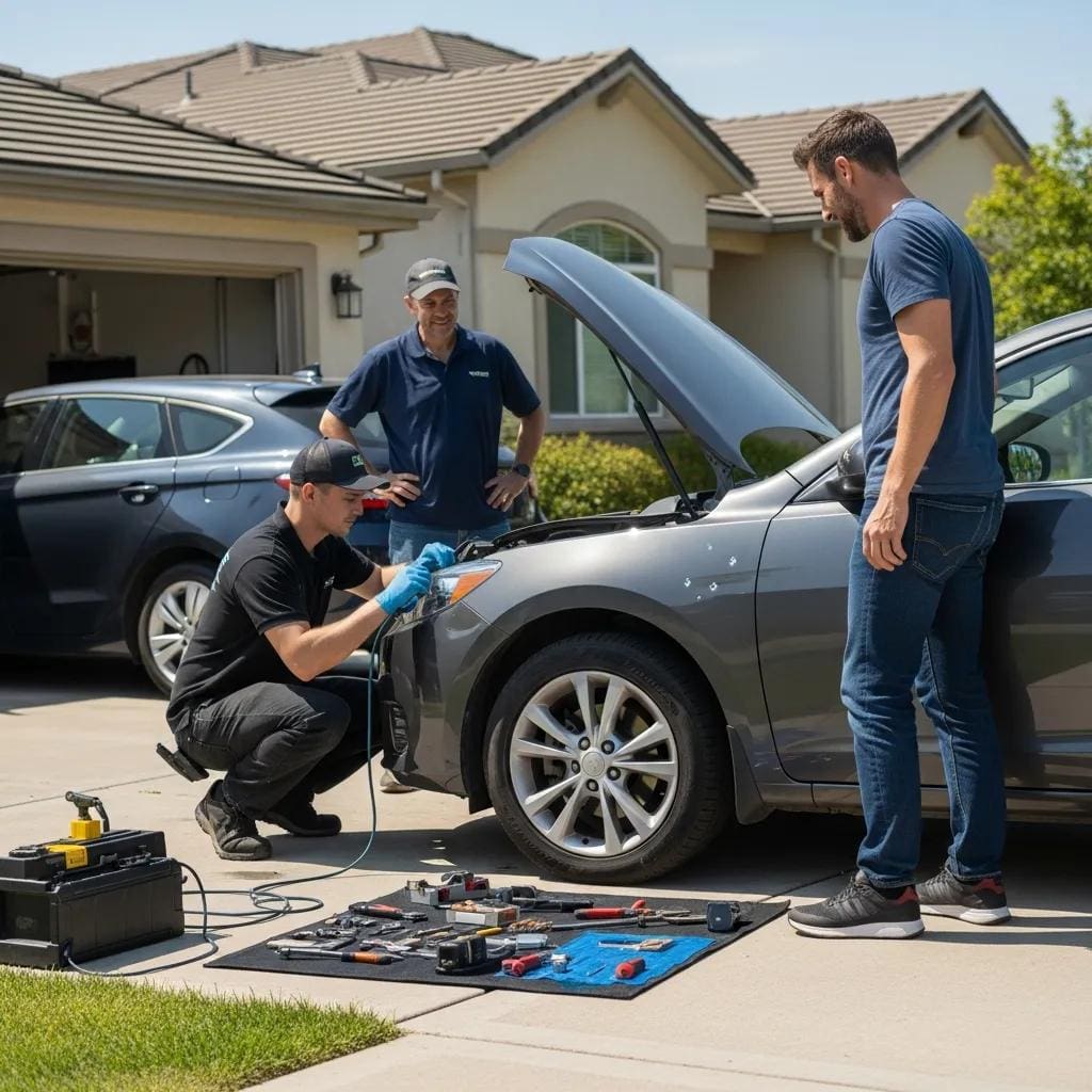 Mobile paintless dent repair technician working on a car in a driveway, illustrating convenience and efficiency of the service