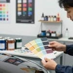 Professional examining color swatches for precise car paint matching in an auto body shop, highlighting expertise in vehicle aesthetics and repair services in San Antonio, Texas.