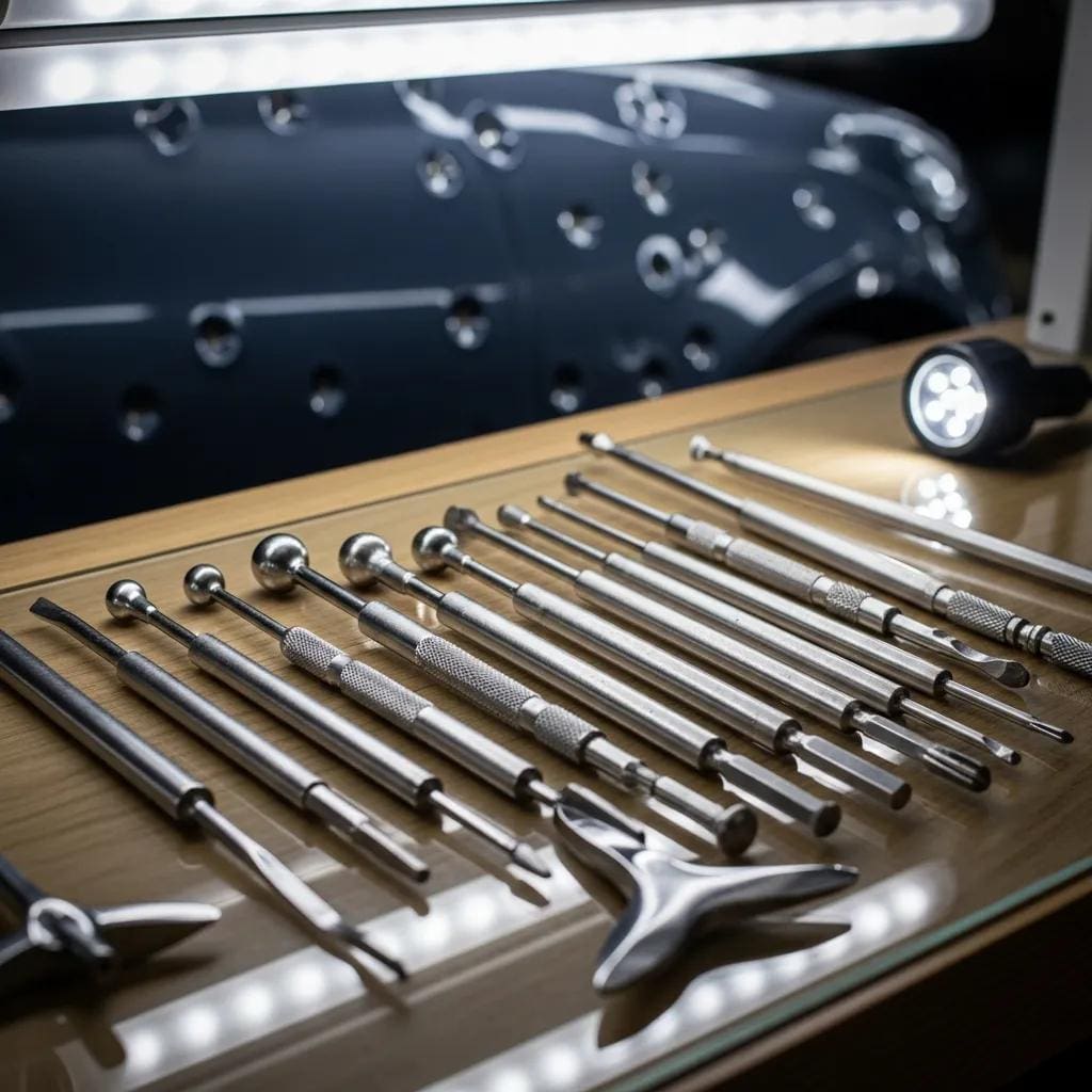 Specialized tools for hail damage repair in paintless dent repair, displayed on a workbench with a car in the background