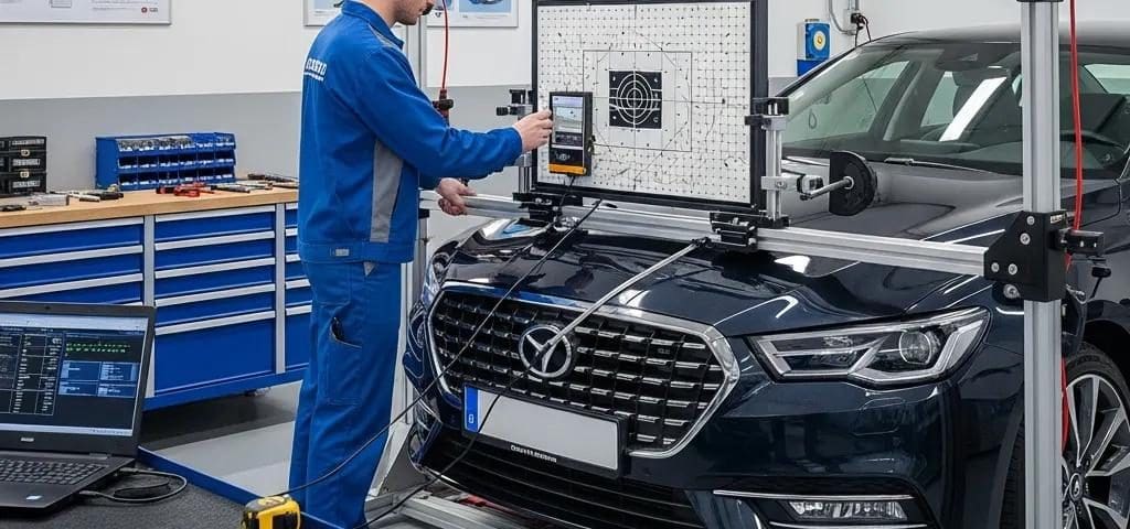 Technician calibrating Advanced Driver Assistance Systems in a workshop