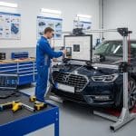 Technician calibrating Advanced Driver Assistance Systems in a workshop