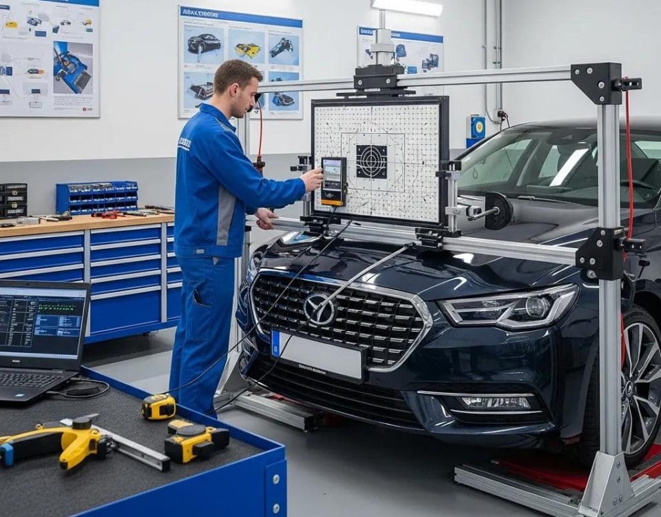 Technician calibrating Advanced Driver Assistance Systems in a workshop