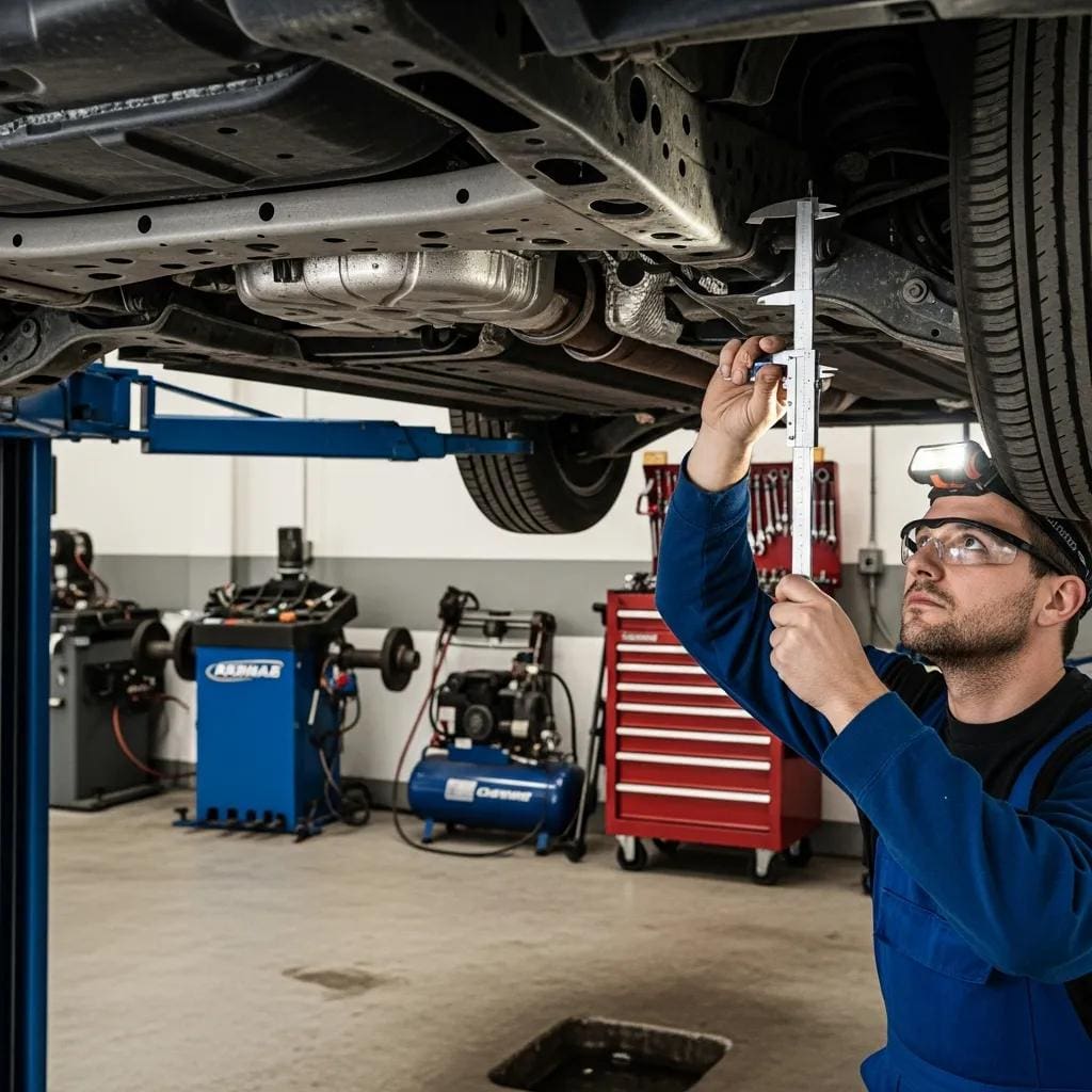 Technician inspecting vehicle frame for safety in an auto repair shop