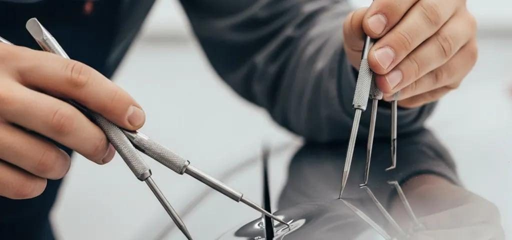 Technician performing paintless dent repair on a car, highlighting specialized tools and the vehicle's original paint finish