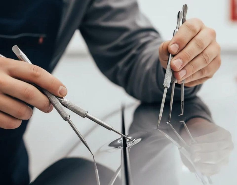 Technician performing paintless dent repair on a car, highlighting specialized tools and the vehicle's original paint finish