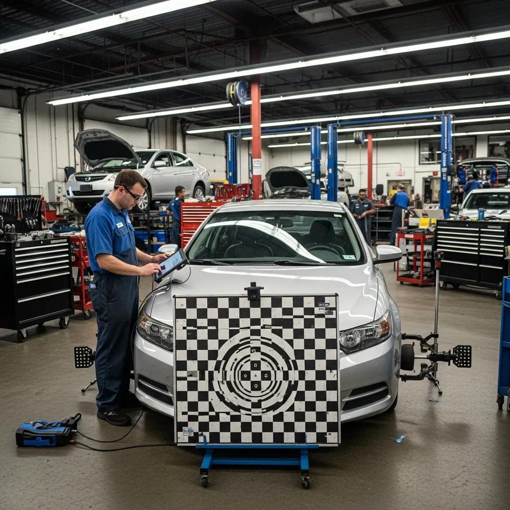 Technician performing post-collision ADAS calibration in an automotive repair shop