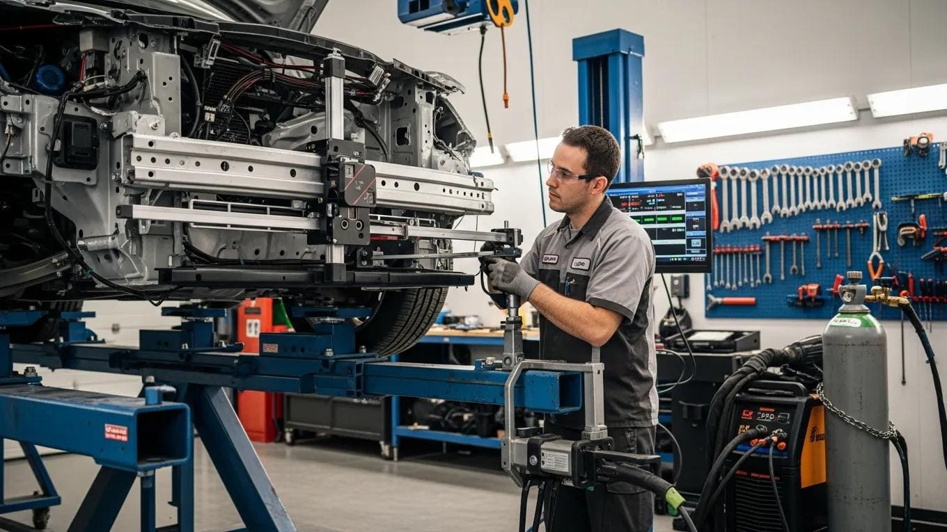 Technician performing structural and frame repair on a vehicle in an auto body shop, showcasing expertise and precision with advanced tools and equipment.