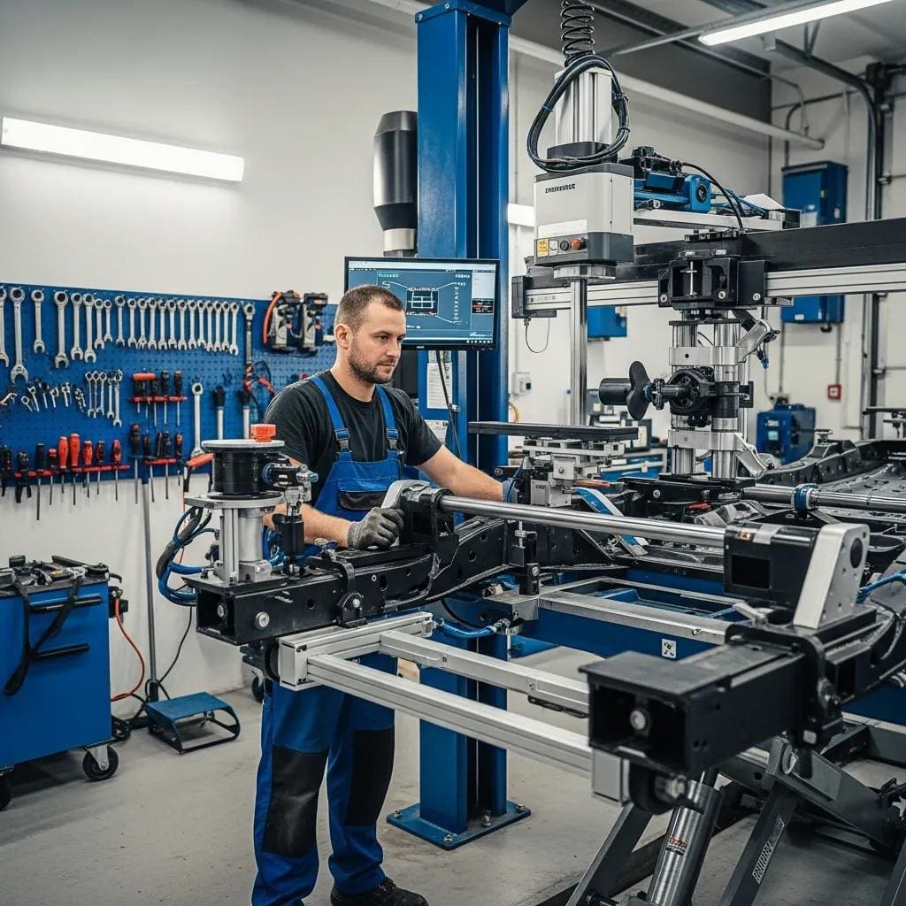 Technician using frame straightening technology during vehicle frame repair process