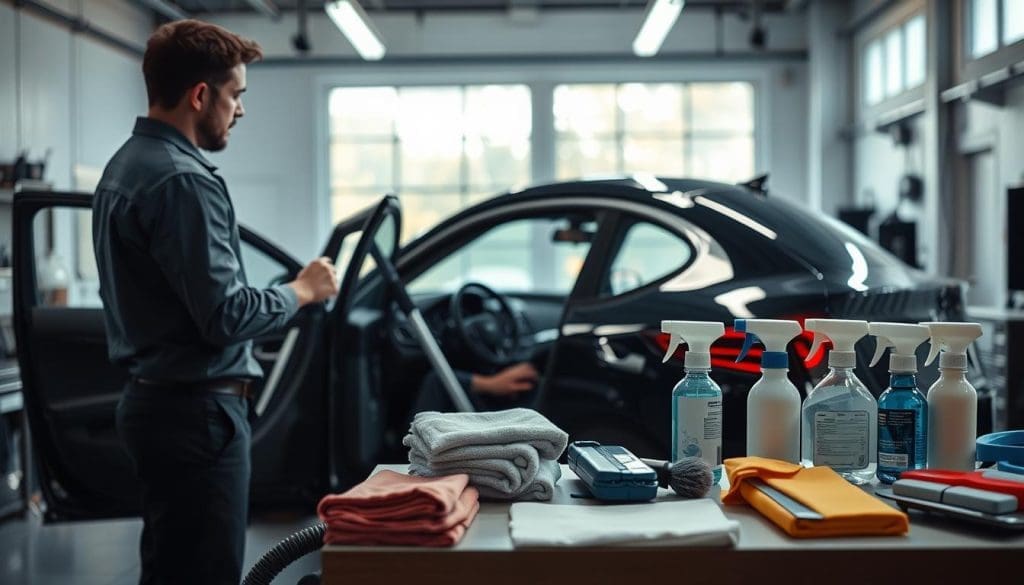 A brightly lit auto detailing space showcasing a vehicle being prepared for a professional clean. In the foreground, a professional detailer, dressed in a smart uniform, meticulously vacuuming the interior of a sleek sedan, ensuring attention to every corner. The middle of the scene features various cleaning tools and products—microfiber cloths, brushes, and spray bottles—neatly organized on a workbench. The background reveals a clean, well-organized garage with large windows letting in natural light, creating an inviting atmosphere. The focus is sharp on the detailer and the vehicle, with a soft bokeh effect on the background. The overall mood is one of meticulous care and professionalism, emphasizing the importance of preparation in the detailing process. A brightly lit auto detailing space showcasing a vehicle being prepared for a professional clean. In the foreground, a professional detailer, dressed in a smart uniform, meticulously vacuuming the interior of a sleek sedan, ensuring attention to every corner. The middle of the scene features various cleaning tools and products—microfiber cloths, brushes, and spray bottles—neatly organized on a workbench. The background reveals a clean, well-organized garage with large windows letting in natural light, creating an inviting atmosphere. The focus is sharp on the detailer and the vehicle, with a soft bokeh effect on the background. The overall mood is one of meticulous care and professionalism, emphasizing the importance of preparation in the detailing process.