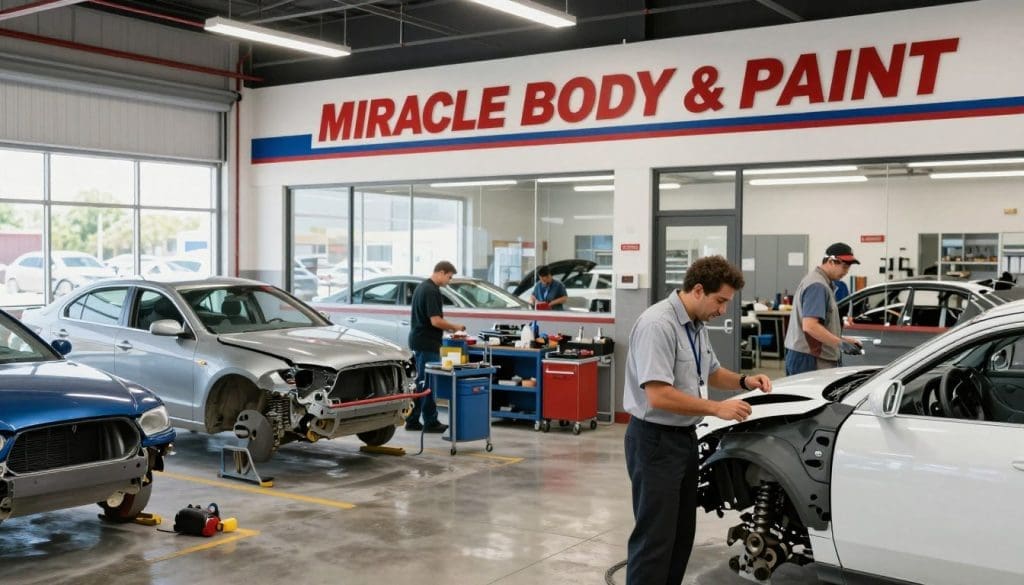 A bustling collision repair center in San Antonio, showcasing the Miracle Body and Paint sign prominently displayed above the entrance. In the foreground, a professional technician in business attire examines a damaged vehicle, highlighting attention to detail. In the middle ground, several cars are in various stages of repair, with mechanics working diligently, showcasing a well-organized workspace with tools and equipment. The background features a bright, airy environment with large windows allowing natural light to stream in, reflecting the diligent atmosphere of the center. The overall mood is one of professionalism and expertise, aiming to convey trust and reliability in the collision repair process. Use a wide-angle lens to capture the entire scene vividly and enhance the feeling of space and activity.