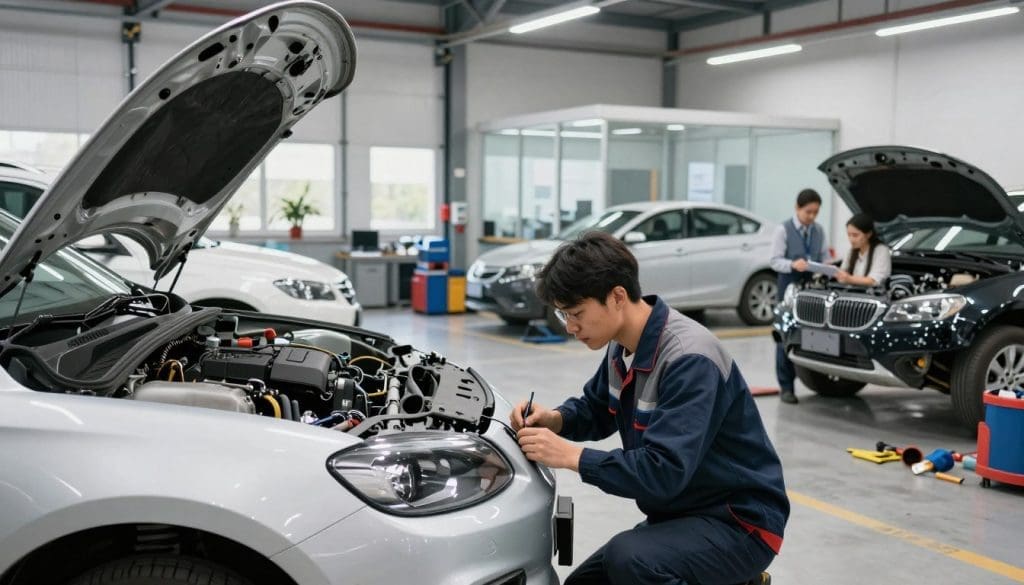 A busy collision center focusing on a professional environment. In the foreground, a mechanic examines a damaged bumper, wearing a neat uniform, with tools and parts scattered around. In the middle, a bright, well-organized workspace with an open garage displaying various vehicles undergoing repairs. The lighting is bright and even, highlighting the details of the vehicles and equipment. In the background, an office area is visible through a glass partition, where an insurance agent consults with a customer, displaying a sense of professionalism and urgency. The atmosphere is industrious yet controlled, embodying a diligent approach to handling insurance claims and repairs. The scene is captured at a slightly low angle to emphasize the action and depth of the center, with a sharp focus on the repair work being done. A busy collision center focusing on a professional environment. In the foreground, a mechanic examines a damaged bumper, wearing a neat uniform, with tools and parts scattered around. In the middle, a bright, well-organized workspace with an open garage displaying various vehicles undergoing repairs. The lighting is bright and even, highlighting the details of the vehicles and equipment. In the background, an office area is visible through a glass partition, where an insurance agent consults with a customer, displaying a sense of professionalism and urgency. The atmosphere is industrious yet controlled, embodying a diligent approach to handling insurance claims and repairs. The scene is captured at a slightly low angle to emphasize the action and depth of the center, with a sharp focus on the repair work being done.