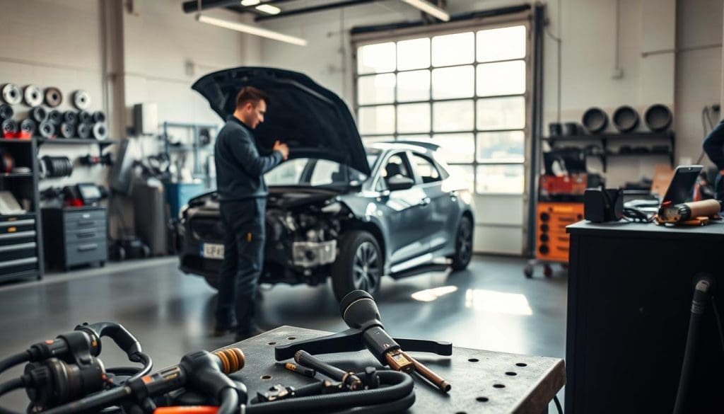 A detailed scene depicting the collision repair process in a modern auto body shop. In the foreground, a skilled technician examines a damaged vehicle, wearing professional work attire, with a focus on their hands as they assess the bodywork. The middle ground showcases various repair tools, such as a pneumatic hammer and welding equipment, neatly organized on a tool bench. In the background, a large garage door lets in soft, natural light, illuminating the workspace and creating a calm yet industrious atmosphere. The walls are lined with various car parts, and the floor is clean and organized, reflecting a professional environment. The overall mood is one of confidence and expertise, capturing the essential elements of navigating the collision repair process. A detailed scene depicting the collision repair process in a modern auto body shop. In the foreground, a skilled technician examines a damaged vehicle, wearing professional work attire, with a focus on their hands as they assess the bodywork. The middle ground showcases various repair tools, such as a pneumatic hammer and welding equipment, neatly organized on a tool bench. In the background, a large garage door lets in soft, natural light, illuminating the workspace and creating a calm yet industrious atmosphere. The walls are lined with various car parts, and the floor is clean and organized, reflecting a professional environment. The overall mood is one of confidence and expertise, capturing the essential elements of navigating the collision repair process.