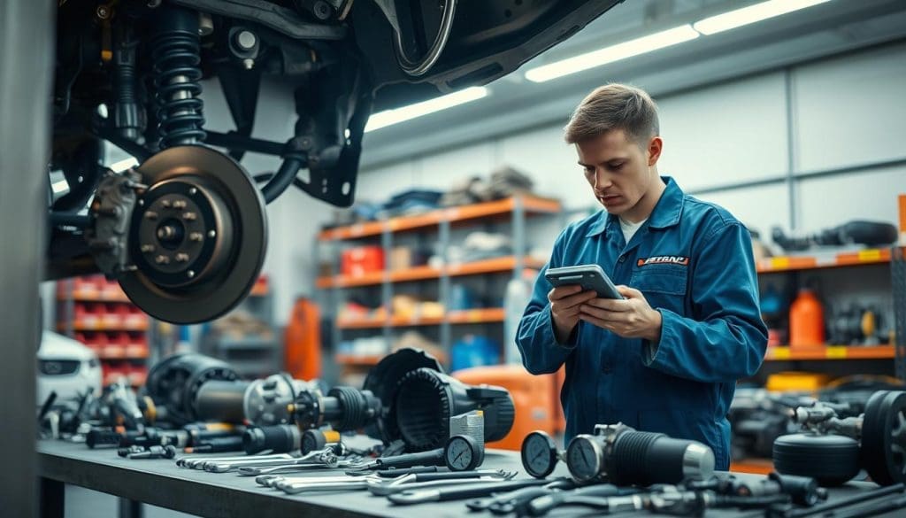 A detailed view of a mechanic systematically inspecting critical vehicle components, such as brakes, suspension, and engine parts, within a well-equipped auto repair shop. In the foreground, a technician dressed in a professional blue jumpsuit closely examines the brake system using a diagnostic tool, while a bright overhead light illuminates the workspace. In the middle, various auto parts are organized on a workbench, highlighting tools like wrenches and gauges. The background features shelves stocked with spare parts and safety equipment, creating a focused atmosphere of diligence and professionalism. The overall mood conveys thoroughness and attention to detail, with natural lighting enhancing the clarity of the inspection process.