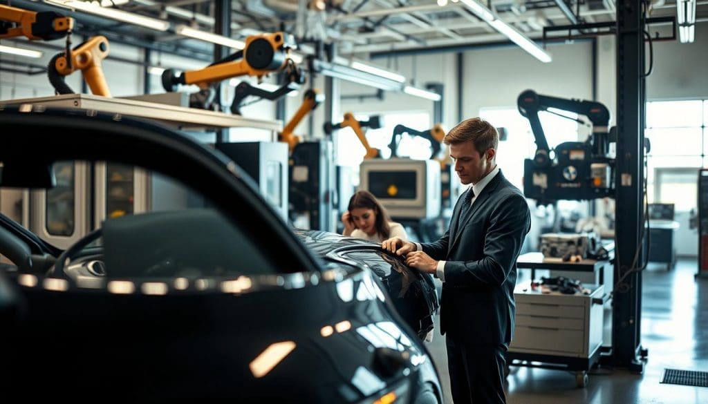 A modern auto body repair shop brimming with state-of-the-art equipment, prominently featuring high-tech paint booths, advanced robotic arms, and precision frame straightening machines. In the foreground, a skilled technician in professional business attire meticulously inspects a vehicle, emphasizing the human element in the repair process. The middle ground showcases a well-organized workspace with various tools and gadgets, illuminated by bright, even lighting that highlights the shiny surfaces of modern machinery. The background reveals a clean, spacious shop environment, with large windows allowing natural light to pour in, creating a bright and optimistic atmosphere. The overall mood should convey innovation and professionalism, reflecting advancements in auto body repair techniques.