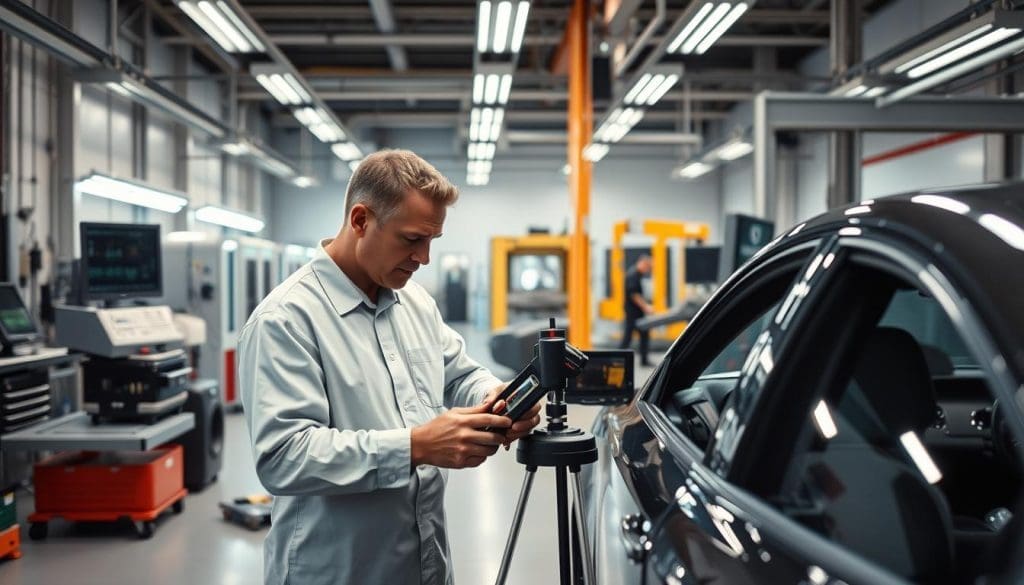 A modern auto body shop scene showcasing advanced tools and techniques in collision repair. In the foreground, a professional technician in a clean, modest working outfit expertly uses a state-of-the-art laser measuring system on a car. In the middle ground, an array of advanced equipment like a frame straightening machine, computerized diagnostic tools, and high-tech spray booths are displayed. The background reveals a well-organized workspace, illuminated by bright, even lighting that enhances the metallic surfaces and colors of the tools. Capture the atmosphere of precision and innovation, with a focus on clarity and detail. Use a slightly elevated angle to provide an overall view of the shop's sophisticated setup, emphasizing the integration of technology in modern collision repair processes.