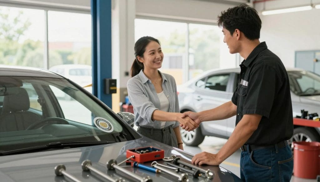 A modern auto repair shop interior, showcasing a professional mechanic in a clean work area, dressed in a black shirt and blue jeans, confidently presenting a gleaming car with a lifetime warranty badge affixed prominently on the windshield. In the foreground, tools and equipment are neatly organized, hinting at high-quality craftsmanship. The middle ground highlights a satisfied customer, an adult woman in smart casual clothing, smiling and shaking hands with the mechanic, conveying trust and confidence. The background features vibrant natural light streaming through large windows, illuminating the workspace and creating a welcoming atmosphere. The composition has a slightly angled view to add depth, with warm tones to evoke a sense of reliability and professionalism.