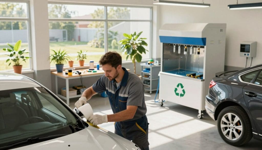 A modern collision repair shop focusing on environmental sustainability. In the foreground, show a skilled technician in professional attire, carefully repairing a vehicle using eco-friendly materials. The middle ground features a clean, organized workspace with tools and equipment designed for sustainable practices, like a water-based paint booth and a recycling station. In the background, large windows allow natural light to flood the space, highlighting green plants and energy-efficient lighting fixtures. The atmosphere is bright and inviting, promoting a sense of responsibility towards the environment. Use warm, natural lighting to enhance the mood of innovation and care. Capture this scene from a slightly elevated angle to create depth and a professional ambiance.