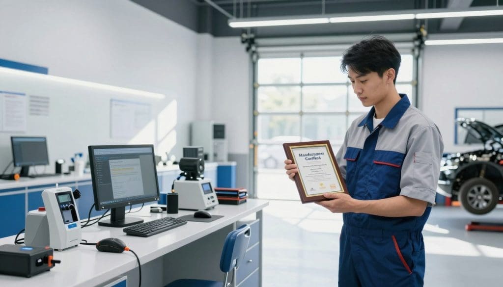 A modern, sleek automotive repair shop interior showing a well-organized workspace. In the foreground, a certified mechanic in professional business attire examines a certification plaque labeled "Manufacturer Certified," highlighting quality and trust. In the middle ground, various high-tech tools and equipment are neatly arranged, showcasing a dedication to professional standards. The background features a large bay door with light streaming in, illuminating the space and casting soft shadows, creating an atmosphere of transparency and professionalism. The color scheme is a clean mix of whites and blues, evoking a sense of reliability. The scene captures the importance of proving quality assurance in collision repair, surrounded by hints of vehicles being worked on in the bay.