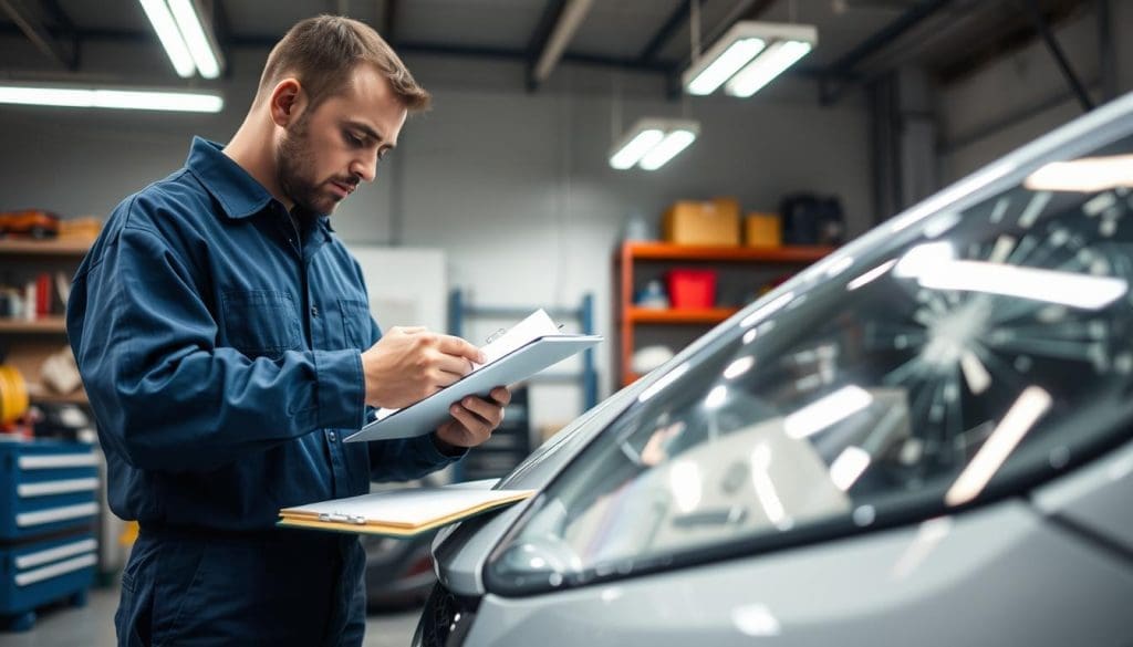 A professional auto technician in a crisp blue uniform inspects a damaged vehicle in a well-lit garage setting. The foreground features the technician carefully documenting scratches and dents on a notepad, with a clipboard and measuring tools nearby. In the middle ground, the car's front bumper has noticeable dents, and shattered glass reflects the overhead lights. In the background, shelves with repair tools and equipment are neatly organized, enhancing the workshop atmosphere. The lighting is bright and focused, highlighting the details of the damage while casting soft shadows. The mood conveys professionalism and diligence, emphasizing the importance of thorough documentation during vehicle inspections. A professional auto technician in a crisp blue uniform inspects a damaged vehicle in a well-lit garage setting. The foreground features the technician carefully documenting scratches and dents on a notepad, with a clipboard and measuring tools nearby. In the middle ground, the car's front bumper has noticeable dents, and shattered glass reflects the overhead lights. In the background, shelves with repair tools and equipment are neatly organized, enhancing the workshop atmosphere. The lighting is bright and focused, highlighting the details of the damage while casting soft shadows. The mood conveys professionalism and diligence, emphasizing the importance of thorough documentation during vehicle inspections.