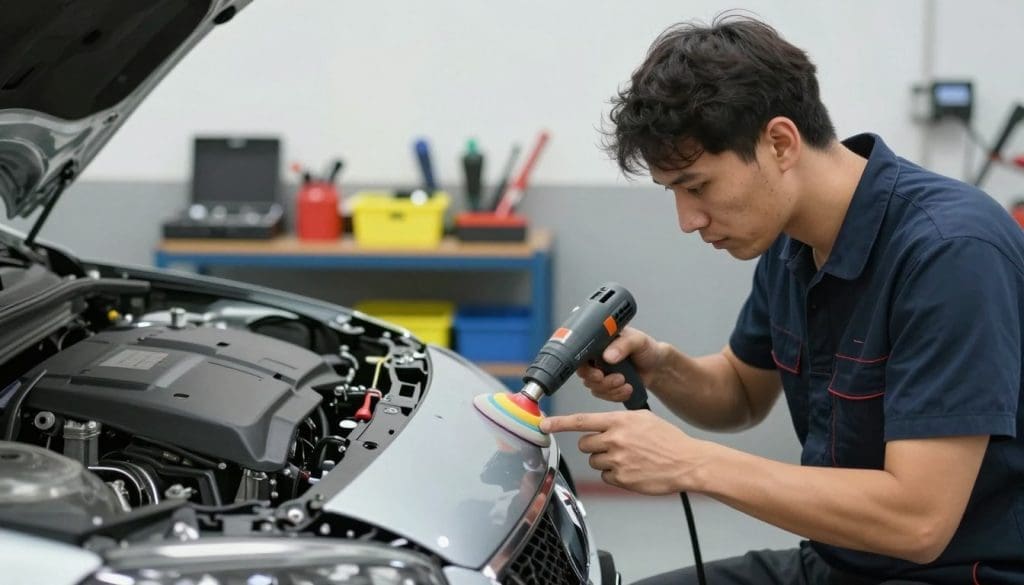 A professional bumper repair shop scene showcasing a skilled technician in smart, casual attire working diligently on a damaged car bumper. In the foreground, focus on the technician using specialized tools, such as a heat gun and sanding equipment, with a detailed look at the bumper's surface being restored. In the middle ground, display a well-organized workshop with repair stations, car parts, and vibrant safety equipment, highlighting the state-of-the-art tools. The background features a clean, well-lit garage environment with soft, diffuse lighting to create a calm and professional atmosphere. The angle should be slightly elevated, capturing both the technician's focused expression and the meticulous nature of bumper repair work. The overall mood conveys professionalism and expertise in automotive repair. A professional bumper repair shop scene showcasing a skilled technician in smart, casual attire working diligently on a damaged car bumper. In the foreground, focus on the technician using specialized tools, such as a heat gun and sanding equipment, with a detailed look at the bumper's surface being restored. In the middle ground, display a well-organized workshop with repair stations, car parts, and vibrant safety equipment, highlighting the state-of-the-art tools. The background features a clean, well-lit garage environment with soft, diffuse lighting to create a calm and professional atmosphere. The angle should be slightly elevated, capturing both the technician's focused expression and the meticulous nature of bumper repair work. The overall mood conveys professionalism and expertise in automotive repair.