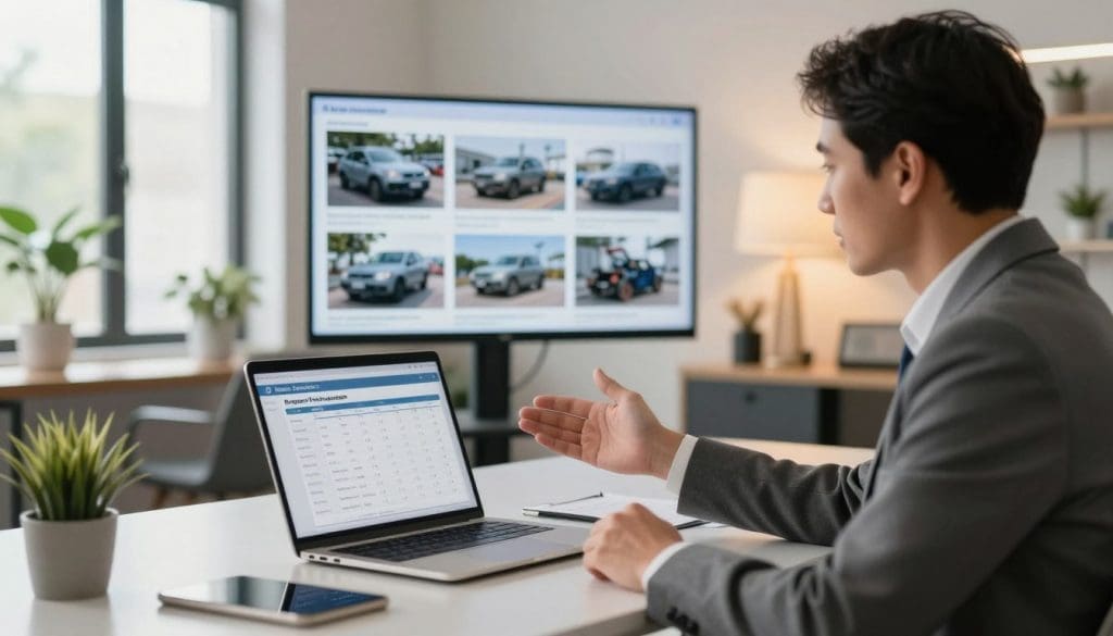 A professional business environment featuring a dedicated claims advisor engaged in a conversation with a client at a sleek, modern desk. In the foreground, the advisor, dressed in smart business attire, gestures towards a laptop screen displaying a repair progress tracker, emphasizing transparency and communication. The middle ground includes a visual presentation of repair updates on a large wall monitor, showcasing images of vehicles in repair. In the background, soft lighting casts a warm glow, creating an inviting atmosphere. Natural light filters through large windows, illuminating the office space filled with plants and contemporary decor. The mood is one of reassurance and guidance, reflecting the importance of staying informed during the repair process.