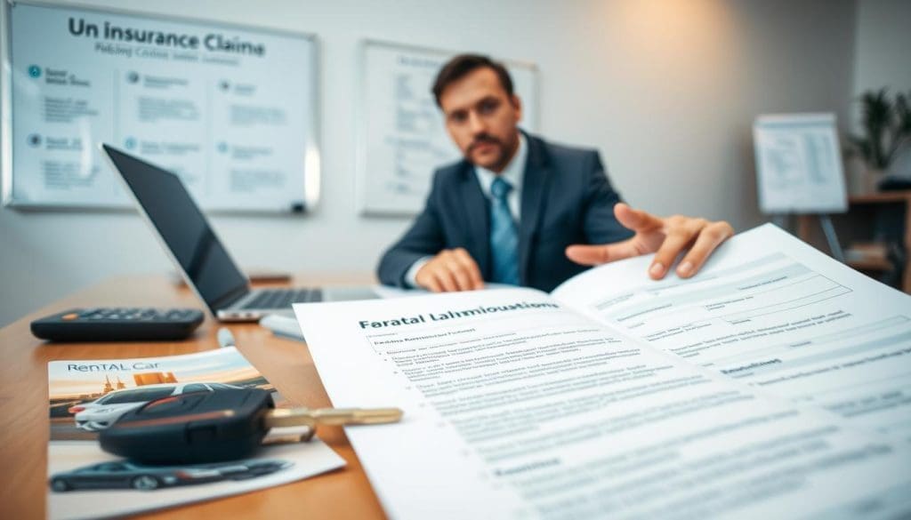 A professional insurance agent in a modern office setting, wearing business attire, is seated at a desk filled with documents, a laptop, and a calculator. In the foreground, an open insurance claim form for rental reimbursement showcases neatly typed text. The agent is attentively discussing the claim process, conveying a sense of guidance and professionalism. In the middle ground, an image of a rental car key lies beside a brochure for rental car services, illustrating the type of vehicle that could be rented during collision repairs. The background includes a whiteboard with steps outlined for filing an insurance claim, subtle lighting casts a warm, inviting atmosphere, and a soft focus on the background enhances the main subjects. The overall mood is informative and reassuring, promoting a sense of trust and efficiency.
