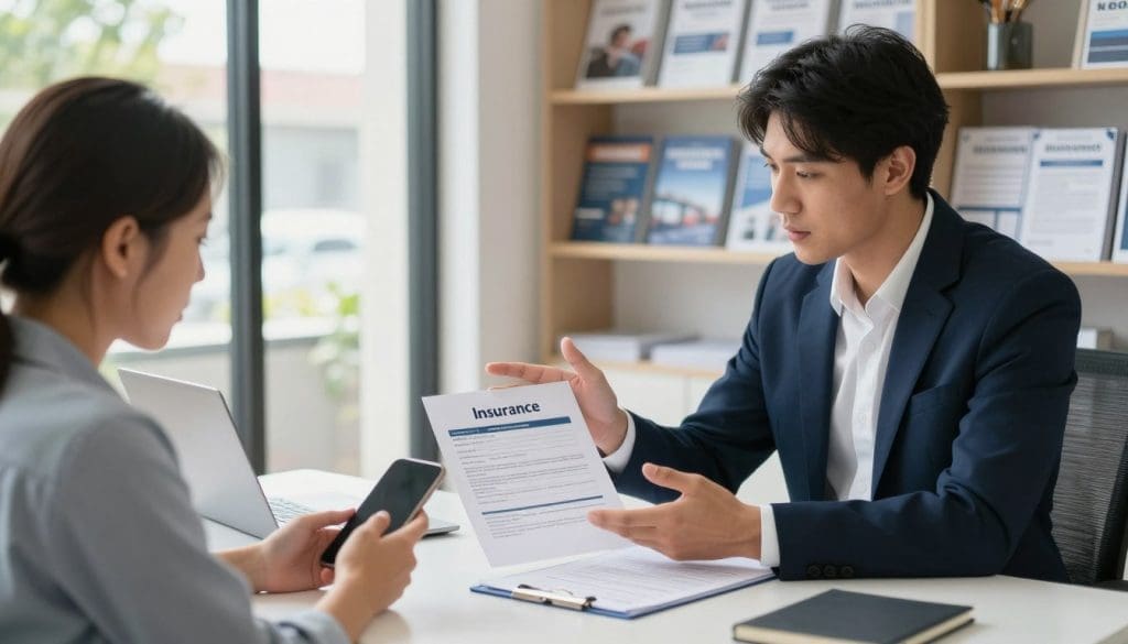 A professional insurance agent sits at a modern desk in a well-lit office, engaged in a conversation with a client. The agent, dressed in smart business attire, gestures to a clear insurance document spread on the table, illustrating the process of filing an insurance claim. The anxious yet hopeful client, wearing modest, casual clothing, holds a smartphone, indicating they’re ready to communicate with their insurer. The background features shelves filled with insurance brochures and a large window showing a sunny day outside, creating a positive and supportive atmosphere. Soft light from the window enhances the welcoming mood of the scene. The camera angle captures both individuals clearly, emphasizing the interaction and professionalism in the room.