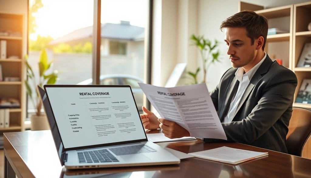 A professional insurance agent sitting at a modern office desk, reviewing an insurance policy document titled "Rental Coverage". The agent is dressed in business attire, looking attentive and engaged. In the foreground, a sleek laptop displays a visual breakdown of coverage benefits. In the middle ground, a large window reveals a sunny day outside, with a rental car parked in the driveway, symbolizing convenience during collision repairs. The background features shelves filled with insurance brochures and a potted plant, enhancing the office atmosphere. The lighting is warm and inviting, creating a sense of reassurance and professionalism. The composition emphasizes clarity and focus on the important aspects of rental car coverage in insurance policies without any distractions.