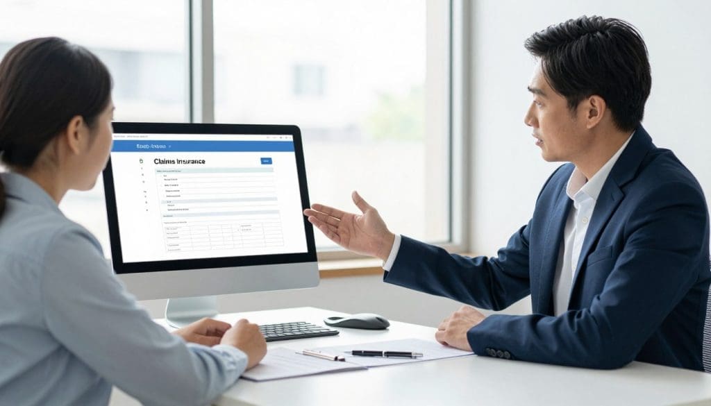 A professional office setting with a clean, modern desk at the forefront, where an insurance agent in a sleek suit is attentively discussing a claims process with a concerned client, who is dressed in smart casual attire. The agent gestures towards a computer screen displaying a clear, easy-to-understand claims form. On the desk, papers and a pen are neatly arranged, suggesting organization and readiness. In the background, a large window with natural light floods the room, creating a warm, inviting atmosphere. The focus should be on the effective communication and professionalism of the insurance interaction, evoking a sense of reassurance and support during a challenging time. The lighting is bright yet soft, emphasizing a reassuring ambiance, captured with a slightly wider lens angle to include both subjects and their environment.