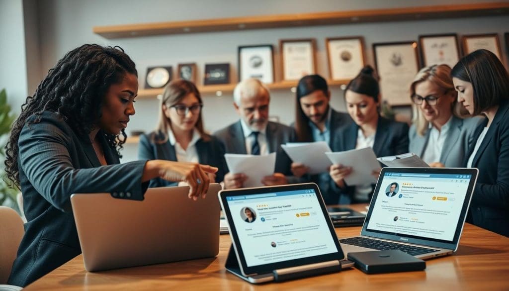 A professional setting for evaluating service quality through reviews, showcasing a diverse group of individuals in business attire engaged in discussion around a table with laptops and tablets displaying customer reviews. In the foreground, a Black woman pointing to a laptop screen, demonstrating engagement and analysis. The middle shows men and women, including Hispanic and Caucasian individuals, reviewing printed feedback forms and taking notes. The background features shelves with awards and certificates, emphasizing credibility. Soft, warm lighting to create an inviting atmosphere, with a slight bokeh effect on the background to focus on the group’s interaction. The overall mood is focused and collaborative, capturing the importance of reviews in decision-making. A professional setting for evaluating service quality through reviews, showcasing a diverse group of individuals in business attire engaged in discussion around a table with laptops and tablets displaying customer reviews. In the foreground, a Black woman pointing to a laptop screen, demonstrating engagement and analysis. The middle shows men and women, including Hispanic and Caucasian individuals, reviewing printed feedback forms and taking notes. The background features shelves with awards and certificates, emphasizing credibility. Soft, warm lighting to create an inviting atmosphere, with a slight bokeh effect on the background to focus on the group’s interaction. The overall mood is focused and collaborative, capturing the importance of reviews in decision-making.