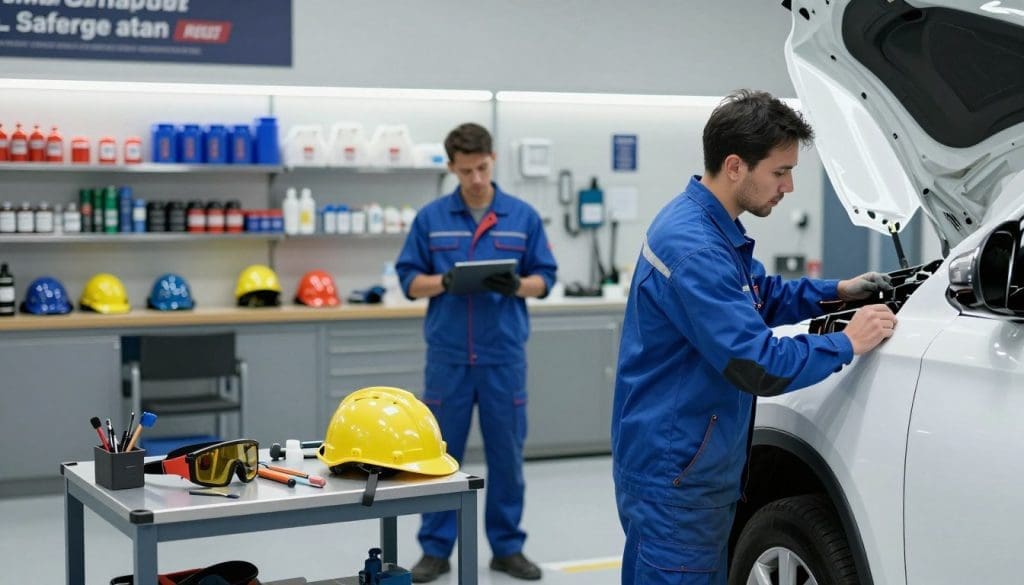 A professional vehicle repair shop scene, showcasing a modern collision repair facility. In the foreground, a skilled technician in a blue work uniform meticulously inspects a well-repaired vehicle, highlighting the quality of workmanship. Tools and equipment neatly arranged on a workbench nearby emphasize the organization and professionalism of the space. In the middle ground, another technician is seen applying quality checks with a focus on safety compliance, surrounded by various safety gear like helmets and goggles, reflecting a commitment to vehicle safety. The background features an illuminated workspace with shelves stocked with high-quality repair materials and signage promoting safety standards. The lighting is bright and even, accentuating the cleanliness and order of the shop, while the mood conveys diligence and professionalism in vehicle collision repair.