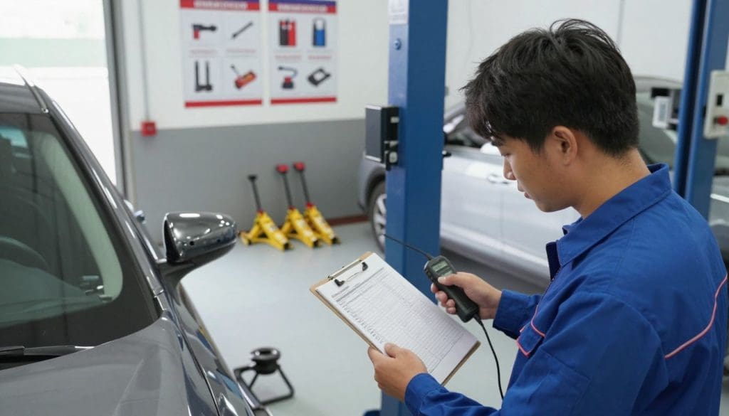 A professional vehicle safety inspection scene, focusing on a well-lit garage or inspection bay. In the foreground, a mechanic wearing a clean uniform examines a car on a hydraulic lift, using a diagnostic tool. The middle ground features a checklist on a clipboard and various safety equipment like wheel chocks and jacks. The background shows inspection posters highlighting safety protocols and equipment. The lighting is bright and even, enhancing the sense of professionalism and attention to detail. The atmosphere is serious yet focused, conveying the importance of vehicle safety after an accident. The angle is slightly above eye level, offering a comprehensive view of the inspection process. A professional vehicle safety inspection scene, focusing on a well-lit garage or inspection bay. In the foreground, a mechanic wearing a clean uniform examines a car on a hydraulic lift, using a diagnostic tool. The middle ground features a checklist on a clipboard and various safety equipment like wheel chocks and jacks. The background shows inspection posters highlighting safety protocols and equipment. The lighting is bright and even, enhancing the sense of professionalism and attention to detail. The atmosphere is serious yet focused, conveying the importance of vehicle safety after an accident. The angle is slightly above eye level, offering a comprehensive view of the inspection process.