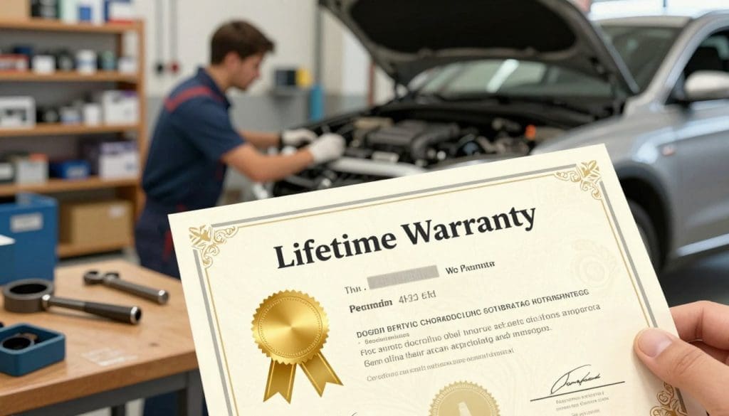 A visually striking illustration of a "Lifetime Warranty" certificate prominently displayed in the foreground, designed with elegant, ornate borders and a glowing gold seal to symbolize trust and reliability. In the middle ground, convey a mechanic's workshop with tools and a well-repaired vehicle, highlighting the importance of warranties in collision repairs. The background features soft-focused shelves filled with auto parts, emphasizing a professional automotive environment. Use warm, natural lighting to create a welcoming atmosphere and to enhance the details of the certificate and workshop. Capture the depth with a slight angle from above, inviting viewers to consider the value and peace of mind that lifetime warranties provide.