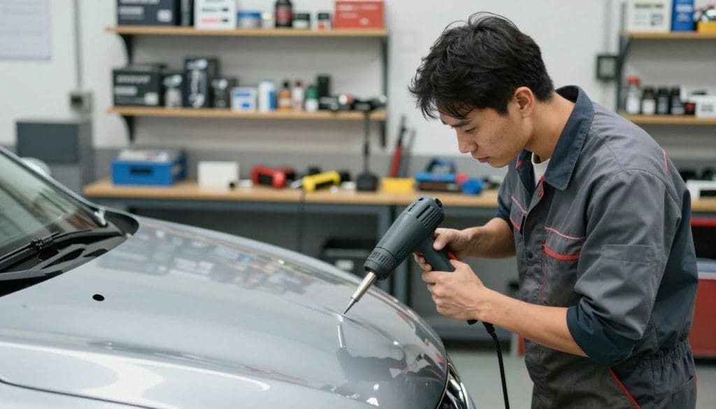 A well-lit auto repair garage featuring a professional technician in casual work attire, focused on a small car with a noticeable dent on the hood. In the foreground, the technician is using specialized tools, such as a dent puller and a heat gun, demonstrating the intricacies of DIY dent repair. The middle ground showcases a workbench cluttered with dent repair equipment, providing a sense of realism and activity. In the background, shelves filled with auto parts and tools create an authentic workshop atmosphere. The scene is illuminated with bright overhead lights, casting soft shadows, emphasizing a diligent and professional mood. Capture the essence of determination and skill in a clean, organized environment, avoiding clutter and distractions.