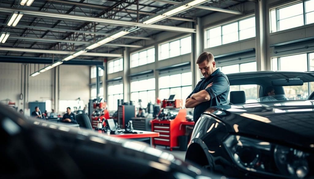 A well-lit auto repair shop showcasing the key aspects of quality collision repair in San Antonio. In the foreground, a technician in professional attire inspects a shiny, recently repaired vehicle, highlighting attention to detail and craftsmanship. The middle ground features a workbench organized with tools and parts, representing efficiency and preparedness in the repair process. In the background, large windows let in natural light, illuminating the space and revealing a clean, modern environment with safety checks underway. The atmosphere is industrious yet calm, emphasizing a sense of trust and reliability. Use a wide-angle lens to capture the depth of the workshop while ensuring clear focus on the technician's meticulous work.