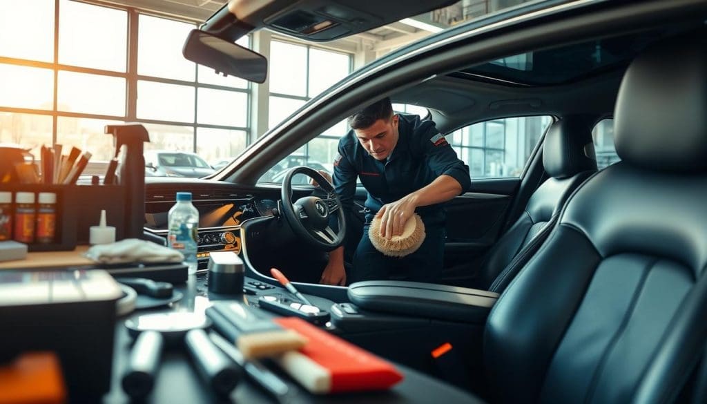 A well-lit detail shop showcasing a skilled technician in professional attire meticulously cleaning the interior of a luxury car, featuring polished leather seats and a gleaming dashboard with high-tech features. In the foreground, an array of detailing tools like brushes, cloths, and spray bottles is neatly arranged on a workbench. The middle ground features the technician focused on a meticulous task, such as buffing a surface, with reflections highlighting the vehicle's pristine condition. In the background, large windows allow natural light to flood the space, enhancing the clean, organized atmosphere. The warm, inviting colors create a sense of care and attention to detail, emphasizing the importance of thorough vehicle detailing after repairs. A well-lit detail shop showcasing a skilled technician in professional attire meticulously cleaning the interior of a luxury car, featuring polished leather seats and a gleaming dashboard with high-tech features. In the foreground, an array of detailing tools like brushes, cloths, and spray bottles is neatly arranged on a workbench. The middle ground features the technician focused on a meticulous task, such as buffing a surface, with reflections highlighting the vehicle's pristine condition. In the background, large windows allow natural light to flood the space, enhancing the clean, organized atmosphere. The warm, inviting colors create a sense of care and attention to detail, emphasizing the importance of thorough vehicle detailing after repairs.