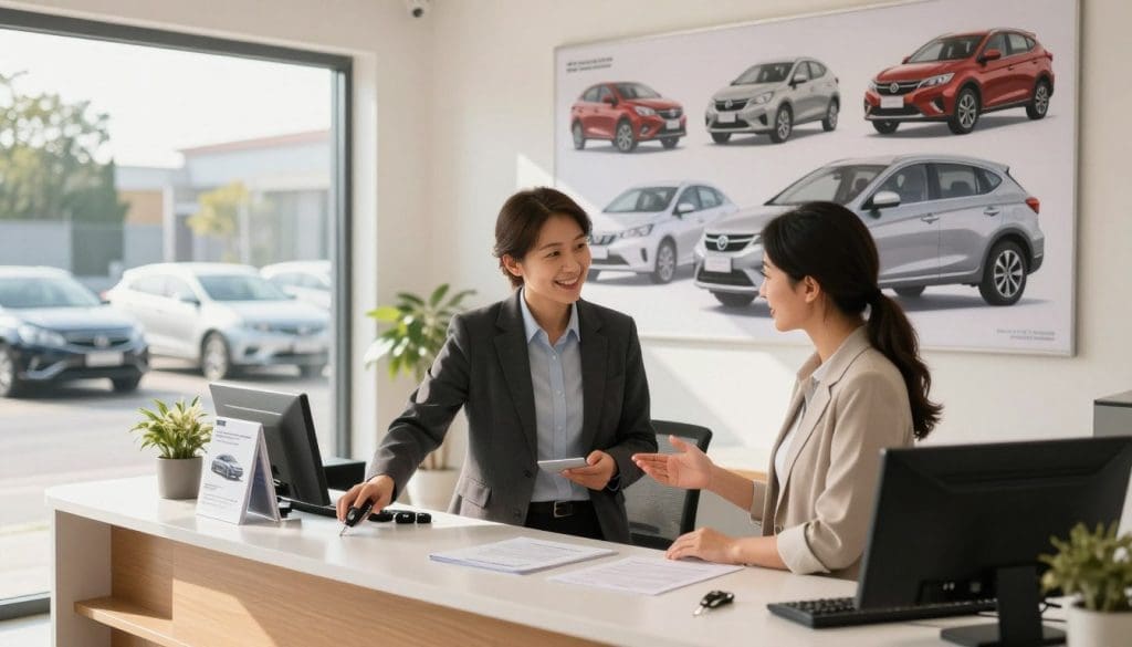 A well-lit, modern car rental office interior, featuring a friendly professional in business attire assisting a couple discussing rental options. The foreground includes a sleek reception desk adorned with vehicle keys and brochures for various rental vehicles. In the middle, a large poster on the wall displays an array of rental cars, from compact to SUVs, showcasing diversity in transportation options. The background features a large window with a view of parked rental vehicles under bright sunlight, creating an inviting atmosphere. Soft, natural light filters in, giving the scene a warm and welcoming look. The overall mood conveys support and guidance, emphasizing the importance of choosing the right rental vehicle during home repairs.