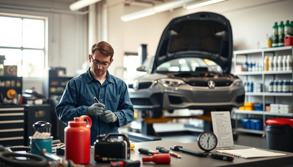 A well-organized car maintenance workspace, showcasing preventative maintenance safety tips. In the foreground, a mechanic in a blue jumpsuit meticulously checks a vehicle's oil level, surrounded by neatly arranged tools and safety gear, such as gloves and goggles. The middle ground features a car on a lift, with clear indicators of maintenance, like an oil can, tire pressure gauge, and a checklist prominently displayed. The background shows shelves stocked with car-care products and a bright, well-lit garage with natural light streaming in through a window. The atmosphere is professional and focused, emphasizing safety and diligence in vehicle maintenance. Use soft, diffused lighting to create an inviting environment, capturing a moment of care and attention to detail.