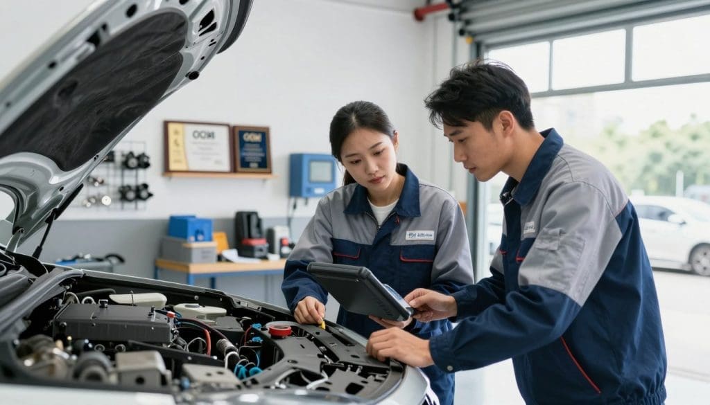 An automotive workshop showcasing a male and female technician in professional business attire collaborating on a car repair. The foreground features the technicians inspecting a vehicle on a hydraulic lift, with diagnostic tools and OEM certification badges visible. In the middle ground, a well-lit, organized workspace displays various car parts and an award for OEM certification on the wall. The background includes a clean garage setting with a large window allowing natural light to illuminate the scene, creating a bright and trustworthy atmosphere. The image is captured with a wide-angle lens to capture the full environment, giving a sense of professionalism and expertise in collision repairs. The mood is focused and diligent, emphasizing the importance of OEM-certified repairs.