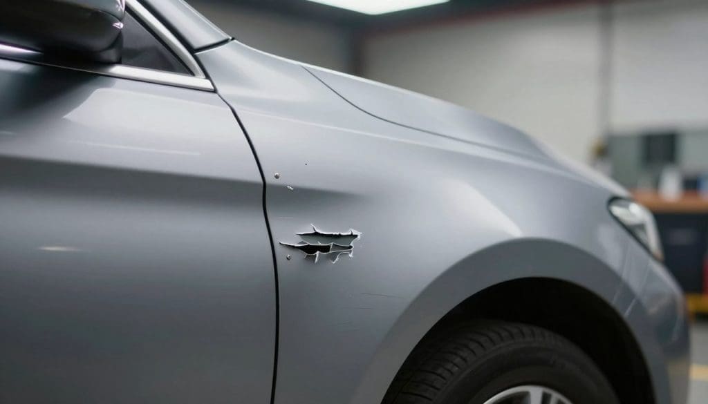Close-up view of a vehicle's body showing various areas of paint damage: scratches, chips, and peeling paint that reveal the underlying metal. In the foreground, highlight the edges of the damaged areas with sharp focus to convey detail, while softly blurring the rest of the car’s surface. In the middle ground, a few small dents are visible, suggesting deeper structural issues that could arise if not addressed. The background features a slightly out-of-focus automotive garage, with soft lighting that creates a calm atmosphere, emphasizing the importance of maintenance. Use natural lighting with a slight lens vignette to draw the viewer’s eye towards the paint imperfections, creating an overall mood of caution and prompting reflection on vehicle upkeep.