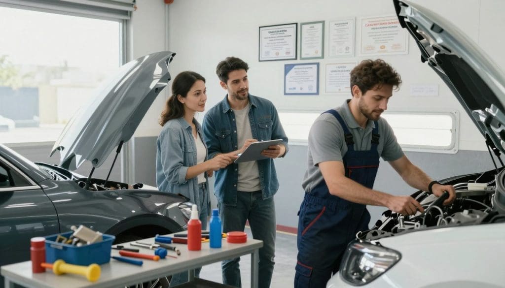 A bright and welcoming auto body shop interior, featuring a clean and organized work area with tools neatly arranged. In the foreground, a friendly technician in professional attire is inspecting a repaired vehicle, showcasing their meticulous work. In the middle, a satisfied customer is providing positive feedback while pointing at the high-quality repair, exuding relief and gratitude. The background depicts the shop's walls adorned with certificates and testimonials from other customers, emphasizing trust and reliability. Soft, natural lighting streams in from large windows, illuminating the scene to create a positive atmosphere. The image captures a sense of professionalism, hope, and community, inviting viewers to feel reassured about their choices after a collision.
