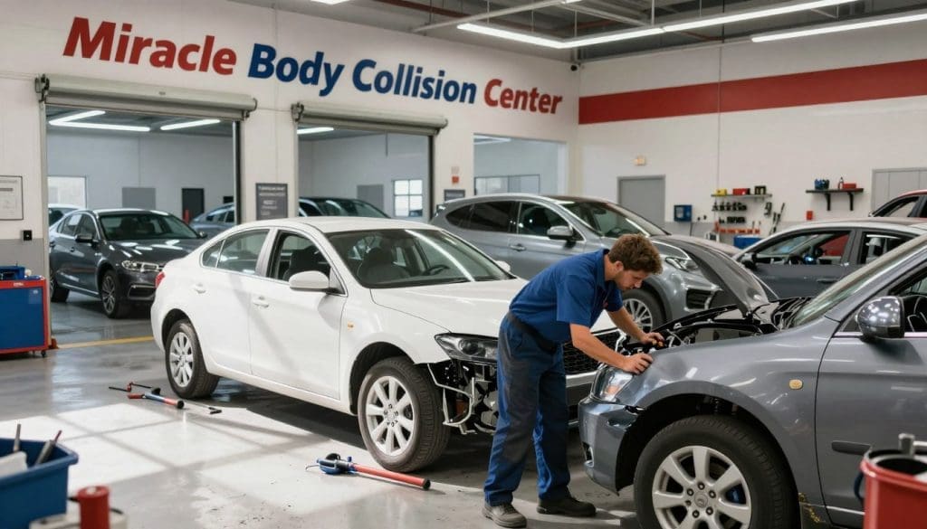 A bright, well-lit scene of Miracle Body and Paint Collision Center in San Antonio, showcasing a modern auto repair facility. In the foreground, a skilled technician in a professional uniform is inspecting a vehicle with visible collision damage, focusing on the bumper and fenders. In the middle, several cars are in various stages of repair, with tools and equipment scattered around, highlighting a busy yet organized atmosphere. In the background, large bays with open garage doors reveal more vehicles being serviced, and sunlight streams in, casting soft shadows. The overall mood is one of professionalism and expertise, emphasizing the importance of quality collision repair. The image should convey a sense of trust and reliability in automotive services. A bright, well-lit scene of Miracle Body and Paint Collision Center in San Antonio, showcasing a modern auto repair facility. In the foreground, a skilled technician in a professional uniform is inspecting a vehicle with visible collision damage, focusing on the bumper and fenders. In the middle, several cars are in various stages of repair, with tools and equipment scattered around, highlighting a busy yet organized atmosphere. In the background, large bays with open garage doors reveal more vehicles being serviced, and sunlight streams in, casting soft shadows. The overall mood is one of professionalism and expertise, emphasizing the importance of quality collision repair. The image should convey a sense of trust and reliability in automotive services.