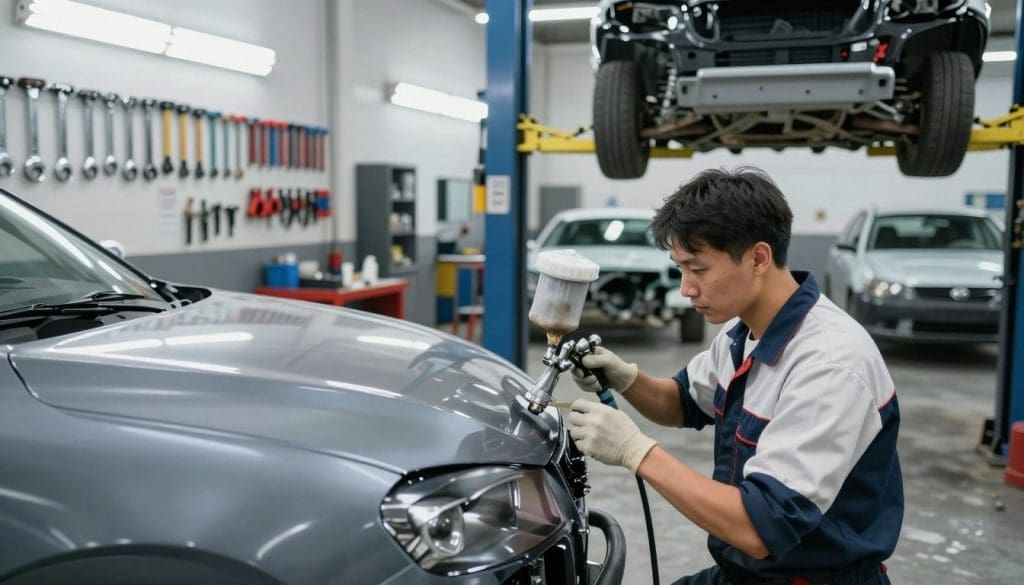 A bustling collision repair center filled with essential tools and equipment. In the foreground, a professional technician in a clean work uniform is using a spray gun to apply paint to a car bumper. The middle ground features various tools like wrenches and hammers hanging on a wall, along with a large car lift raising a vehicle for inspection. In the background, several cars in various states of repair can be seen, illuminated by bright, overhead fluorescent lighting that creates a clean and vibrant atmosphere. The overall mood is industrious and focused, conveying the importance of quality tools in ensuring thorough collision repairs. The scene is captured from a slightly elevated angle to provide depth and perspective. A bustling collision repair center filled with essential tools and equipment. In the foreground, a professional technician in a clean work uniform is using a spray gun to apply paint to a car bumper. The middle ground features various tools like wrenches and hammers hanging on a wall, along with a large car lift raising a vehicle for inspection. In the background, several cars in various states of repair can be seen, illuminated by bright, overhead fluorescent lighting that creates a clean and vibrant atmosphere. The overall mood is industrious and focused, conveying the importance of quality tools in ensuring thorough collision repairs. The scene is captured from a slightly elevated angle to provide depth and perspective.