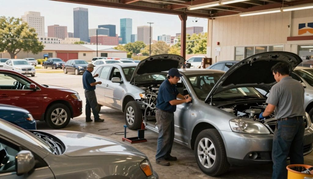 A bustling local collision repair shop in San Antonio, Texas, depicted in the foreground with skilled mechanics in professional attire carefully working on vehicles. One mechanic inspects a car’s chassis while another applies a fresh coat of paint. The middle ground features a variety of vehicles, highlighting the diversity of repairs offered, such as collision damage and dent removal. In the background, a vibrant San Antonio skyline adds context, showing the importance of local businesses to the community. The scene is illuminated with warm, natural lighting, emphasizing a sense of community and professionalism. The angle is slightly elevated, capturing both the action and the environment, evoking a positive and industrious atmosphere focused on local economic impact and savings. A bustling local collision repair shop in San Antonio, Texas, depicted in the foreground with skilled mechanics in professional attire carefully working on vehicles. One mechanic inspects a car’s chassis while another applies a fresh coat of paint. The middle ground features a variety of vehicles, highlighting the diversity of repairs offered, such as collision damage and dent removal. In the background, a vibrant San Antonio skyline adds context, showing the importance of local businesses to the community. The scene is illuminated with warm, natural lighting, emphasizing a sense of community and professionalism. The angle is slightly elevated, capturing both the action and the environment, evoking a positive and industrious atmosphere focused on local economic impact and savings.