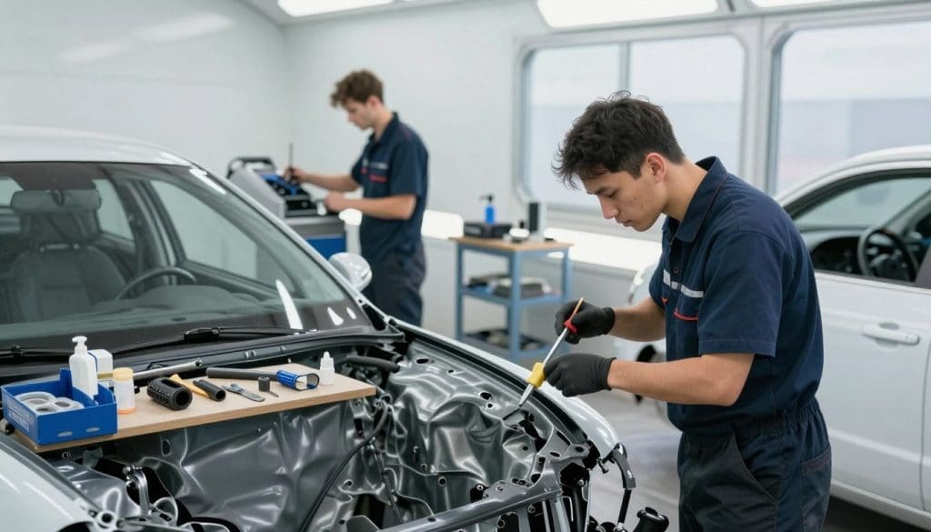 A busy auto body shop showcasing the accident repair process. In the foreground, a skilled technician in a neat uniform is working on a damaged car, carefully inspecting its body with tools. In the middle, various repair equipment and parts are organized neatly on a workbench, while another technician is preparing a paint booth in the background. Bright, natural lighting filters through large windows, highlighting the clean, organized workspace. The atmosphere is focused and professional, emphasizing the meticulous nature of vehicle repair. The scene captures the blend of technology and craftsmanship involved in restoring a car, showcasing both expertise and attention to detail.
