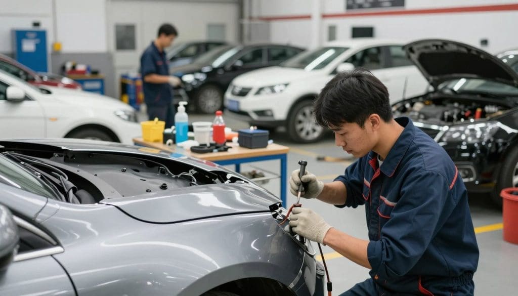 A busy auto collision repair shop bustling with activity, showcasing skilled technicians in professional attire working on various vehicles. In the foreground, a mechanic meticulously inspects a car's damaged fender, using high-quality tools and safety equipment. The middle layer features a well-organized workspace with parts and tools neatly arranged, hinting at professionalism and efficiency. In the background, a variety of cars in differing stages of repair, some in pristine condition, others needing extensive work, under bright, soft overhead lighting that creates a welcoming atmosphere. The shop's clean and structured environment conveys a sense of trust and reliability, emphasizing the importance of choosing the right repair shop after an accident. The perspective is slightly angled to capture the depth of the shop while maintaining focus on the mechanic’s detailed work. A busy auto collision repair shop bustling with activity, showcasing skilled technicians in professional attire working on various vehicles. In the foreground, a mechanic meticulously inspects a car's damaged fender, using high-quality tools and safety equipment. The middle layer features a well-organized workspace with parts and tools neatly arranged, hinting at professionalism and efficiency. In the background, a variety of cars in differing stages of repair, some in pristine condition, others needing extensive work, under bright, soft overhead lighting that creates a welcoming atmosphere. The shop's clean and structured environment conveys a sense of trust and reliability, emphasizing the importance of choosing the right repair shop after an accident. The perspective is slightly angled to capture the depth of the shop while maintaining focus on the mechanic’s detailed work.