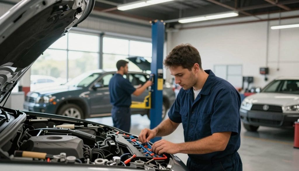 A busy auto collision repair shop in San Antonio, Texas, showcasing a professional atmosphere. In the foreground, a skilled technician in a clean, navy blue uniform is focused on repairing a car, with tools neatly arranged around. In the middle ground, another technician is inspecting a vehicle on a hydraulic lift, emphasizing teamwork and attention to detail. The background features a well-lit workshop with vehicles in various stages of repairs, framed by large windows allowing natural light to flood in, creating an inviting and trustworthy ambiance. The scene is shot at a slight upward angle to highlight the teamwork and professionalism in the shop, capturing a sense of safety and reliability. The mood is one of confidence, cleanliness, and capability, representing a trusted service center.