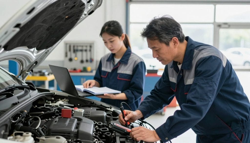 A busy automotive repair facility with two certified technicians attentively working on a car. In the foreground, one technician, a middle-aged Caucasian man in a professional mechanic's uniform, is inspecting the engine with a diagnostic tool, focusing intently. In the middle ground, a young Asian woman in a similar uniform is using a laptop to check repair manuals, showcasing her technical knowledge and professionalism. The background displays various tools and machinery, well-organized, reflecting a clean and efficient workspace. Bright, natural lighting floods through large windows, giving an inviting atmosphere. The scene conveys a sense of trust and expertise, emphasizing the importance of professionalism and training in automotive repair. The angle is slightly elevated, capturing both technicians' actions while highlighting the organized environment.